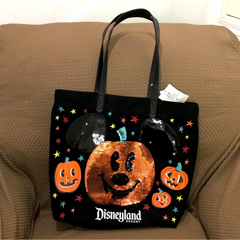 Disneyland Halloween Pumpkin Mickey Jack O Lantern Black Orange Sequin Tote Bag